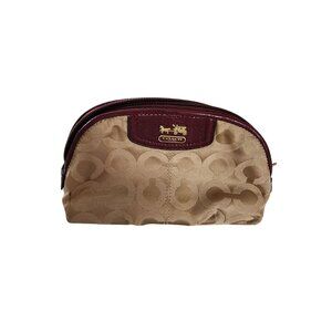 Coach Signature Canvas Cosmetic Bag With Zip Closure Beige & Burgundy